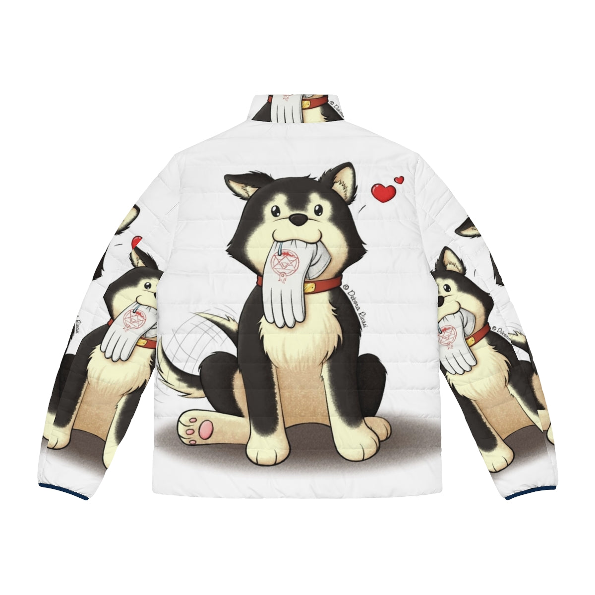 Black Hayate Puffer Jacket featuring the beloved Fullmetal Alchemist puppy - Back