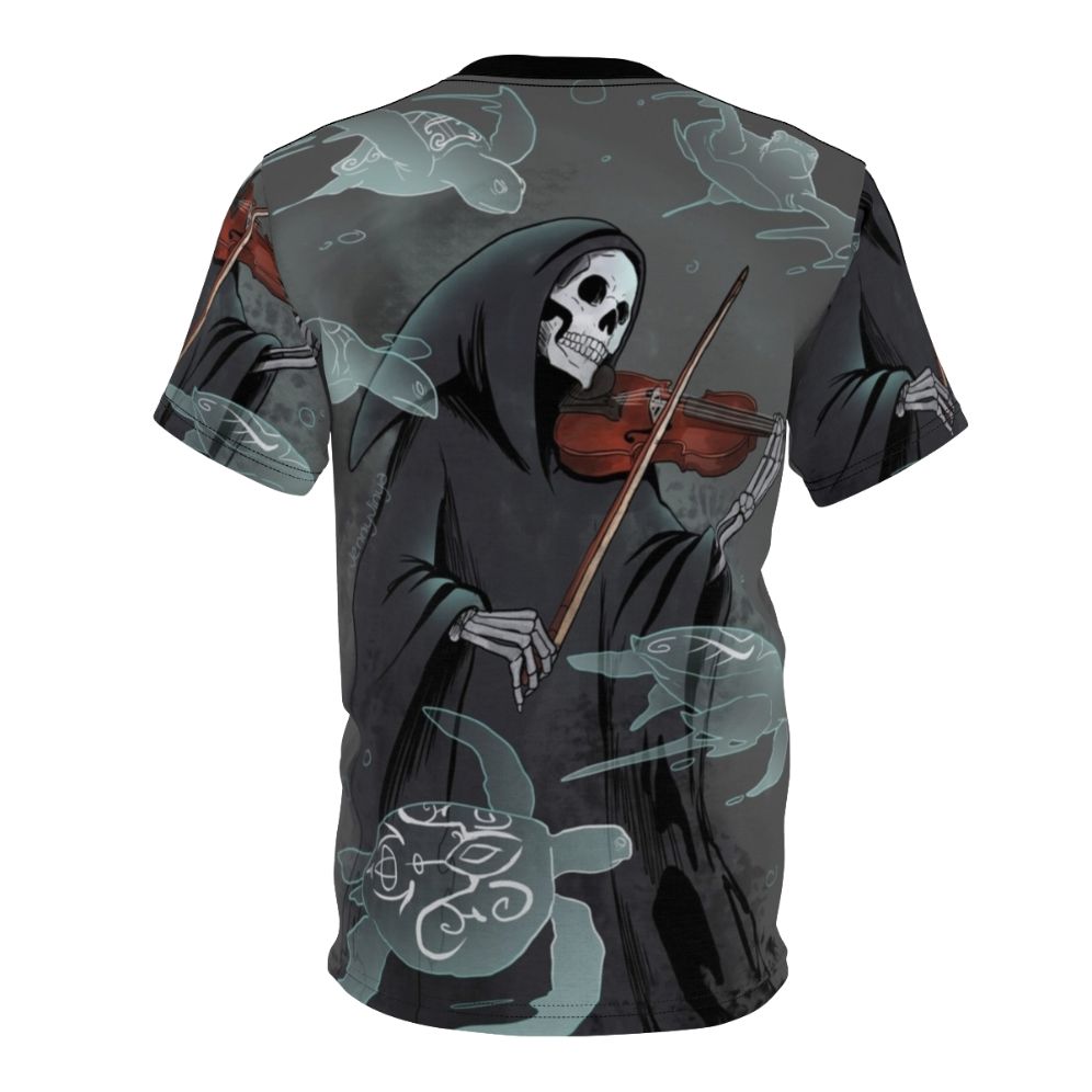 A t-shirt design featuring a dark, moody illustration of a violin and grim reaper with sea turtles. - Back