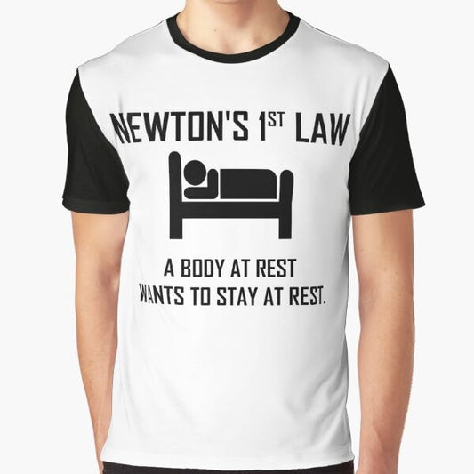 Funny physics t-shirt design featuring an illustration of Isaac Newton and the text "Newton's First Law"