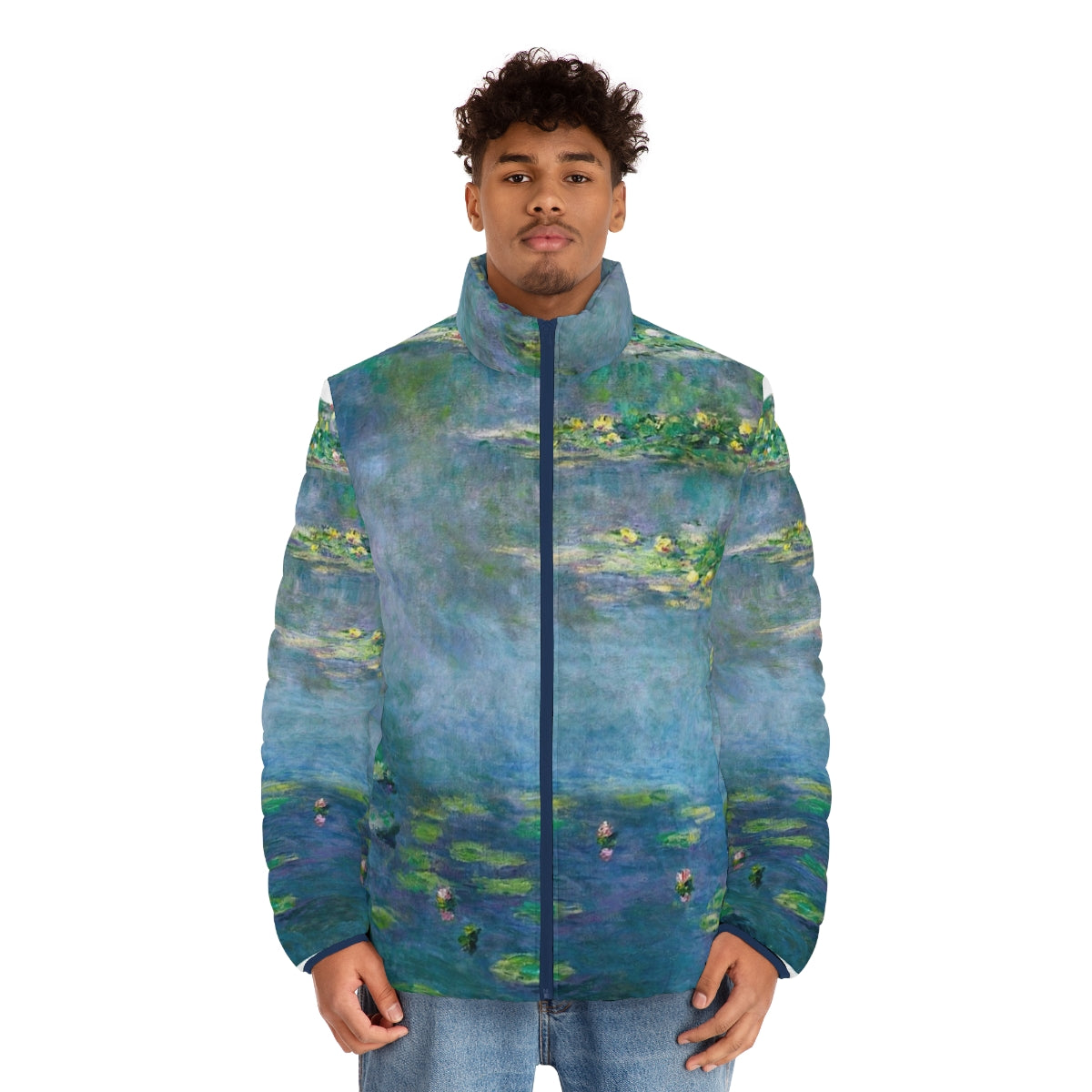 Claude Monet Water Lilies Puffer Jacket featuring the iconic impressionist painting - men front