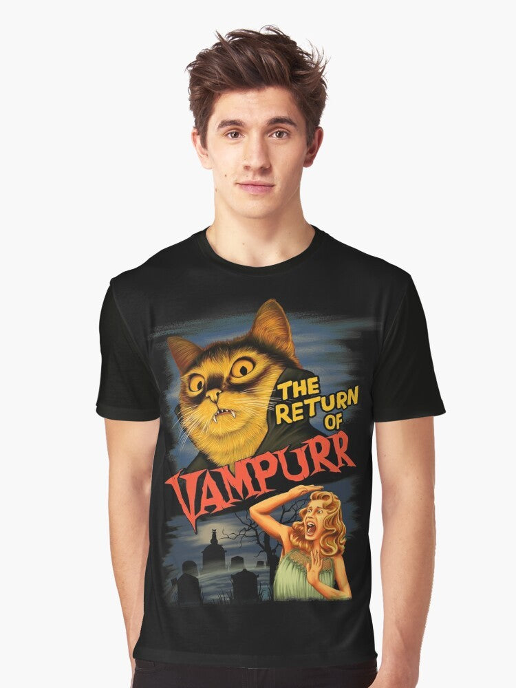 Graphic design of a cute vampire cat with red eyes and fangs on a black t-shirt - Men