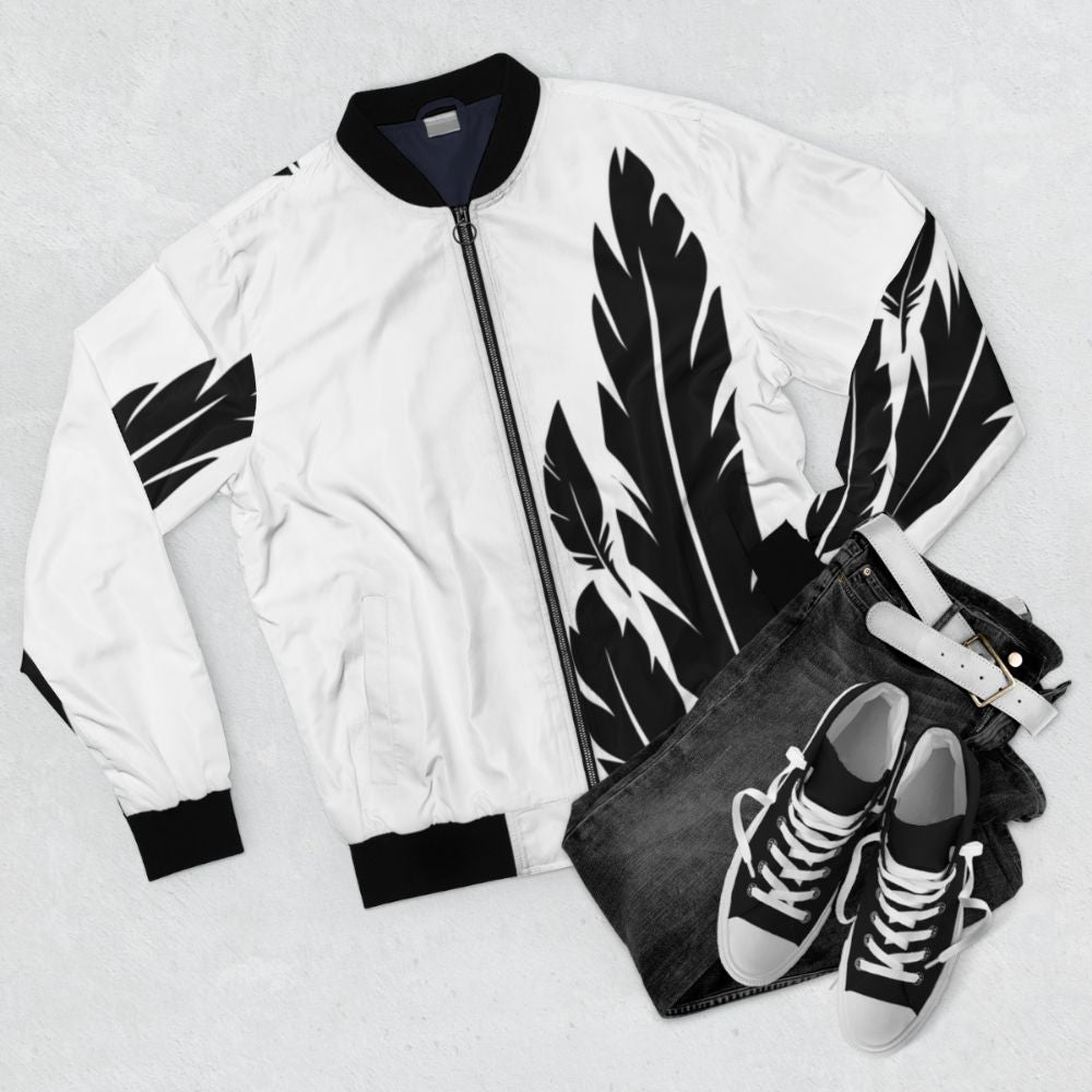 Stylish black and white bomber jacket featuring Hawkmoon themed feather design for Destiny fans - Flat lay