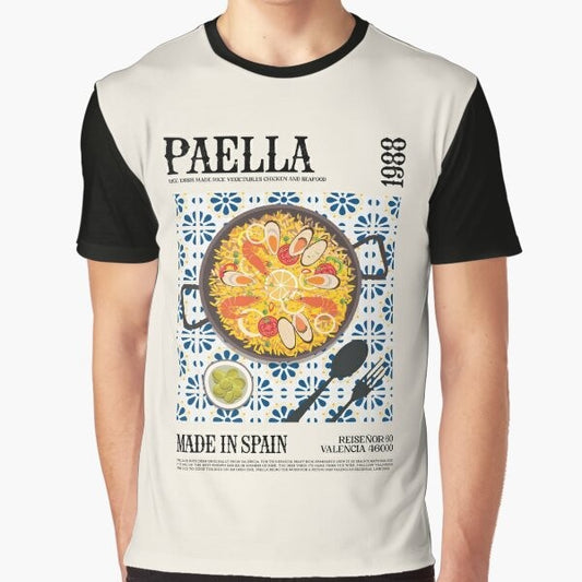 Colorful graphic t-shirt featuring a vibrant paella dish design