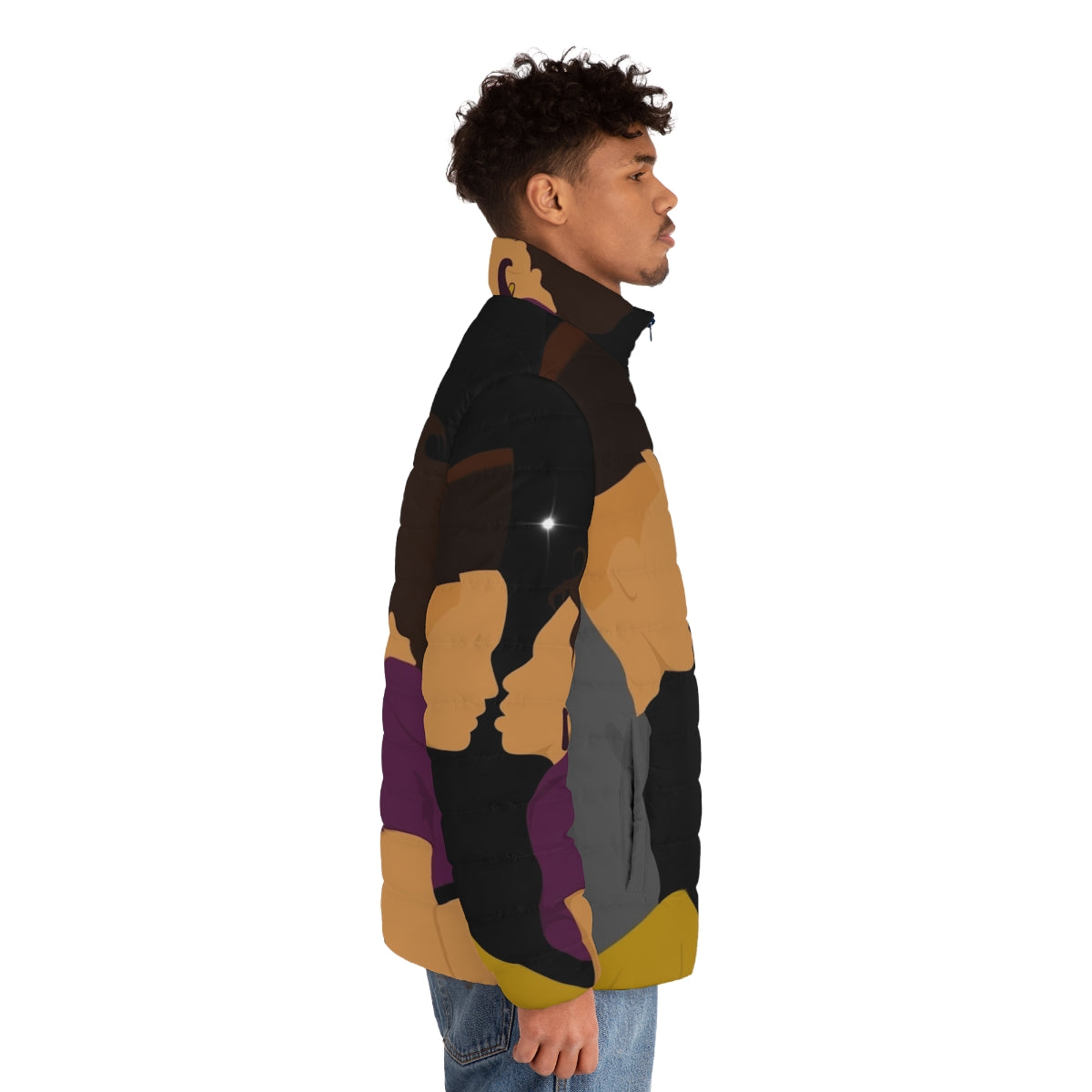 Kid wearing a colorful puffer jacket inspired by 90s black culture and movies - men side right