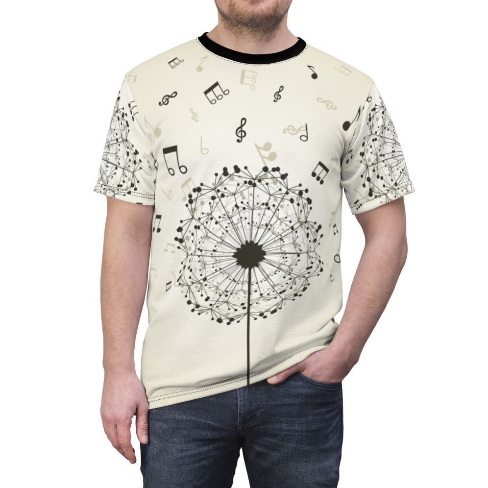 A t-shirt design featuring a dandelion flower with musical notes, representing the harmony between nature and music. - men front