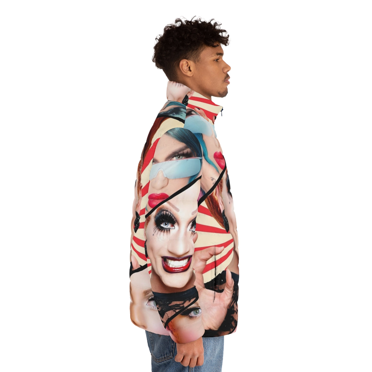 Vibrant puffer jacket featuring RuPaul's Drag Race season 6 queens - men side right