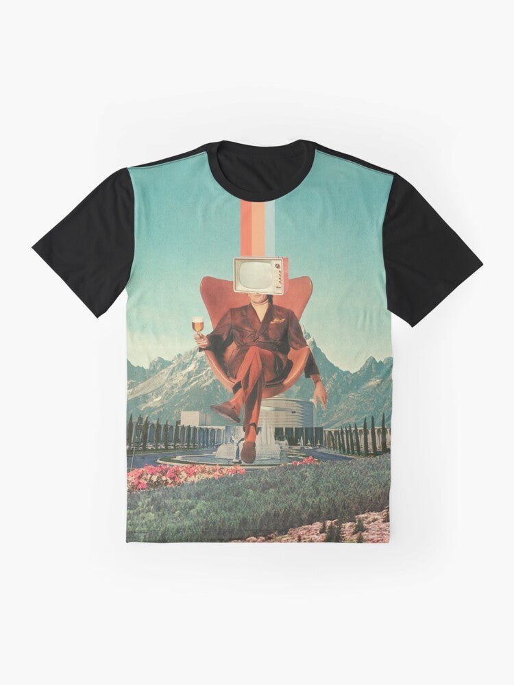 Vintage pop surrealism graphic t-shirt with a surreal collage design featuring a man, mountains, and a television set. - Flat lay