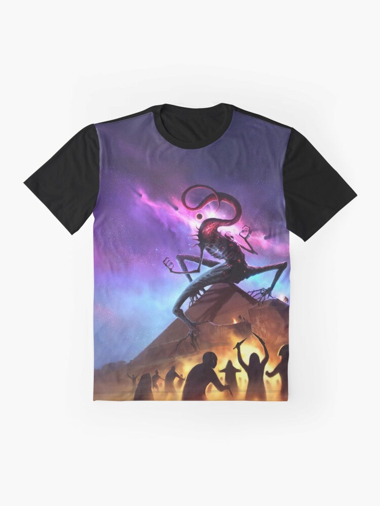 Cthulhu horror-themed graphic t-shirt featuring the Masks of Nyarlathotep book cover art - Flat lay