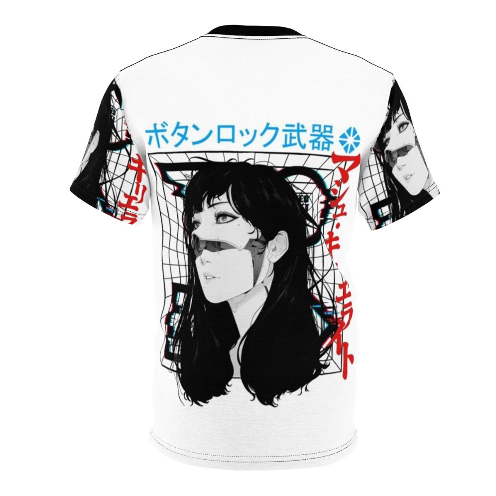 Cyberpunk-inspired t-shirt featuring a cyborg girl in a vaporwave urban style design - Back