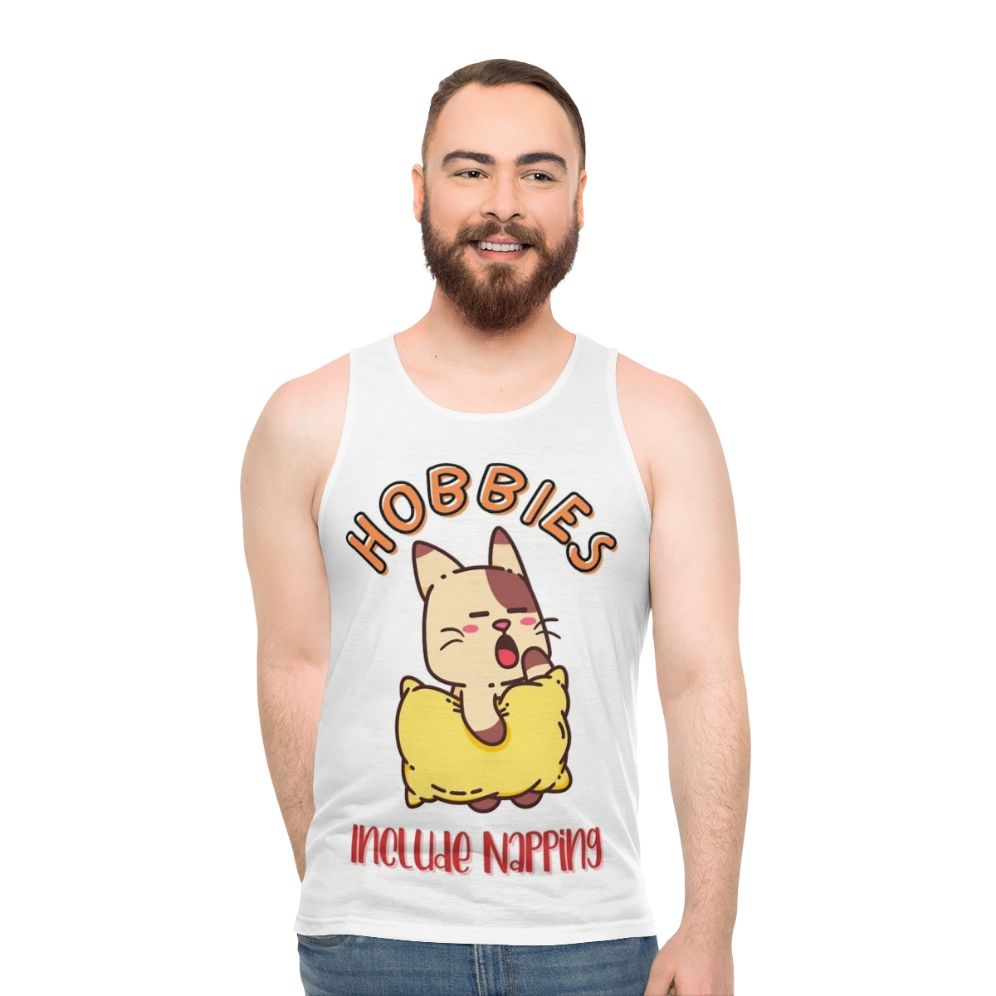 Unisex tank top with "Hobbies Include Napping" design - men