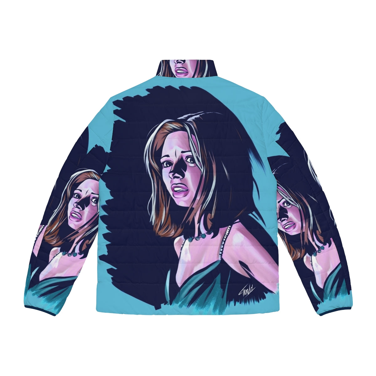 Helen Shivers horror-themed puffer jacket with slasher movie graphics - Back