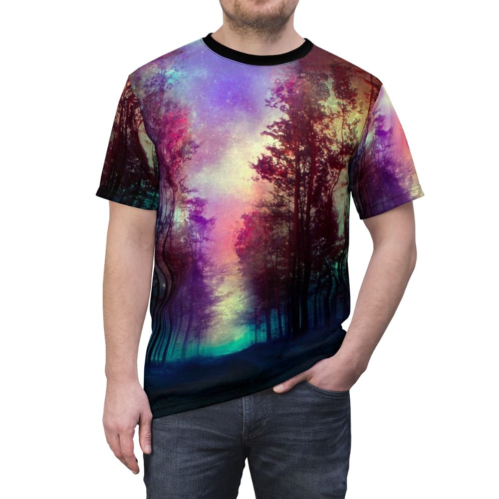 Enchanting forest landscape with stars, clouds, and magical elements on an all-over print t-shirt - men front