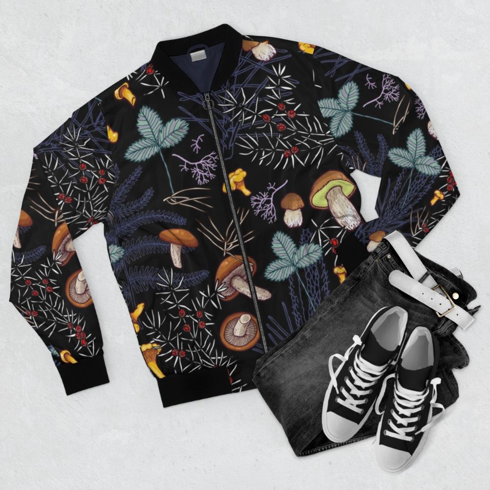 Dark forest mushroom pattern bomber jacket - Flat lay