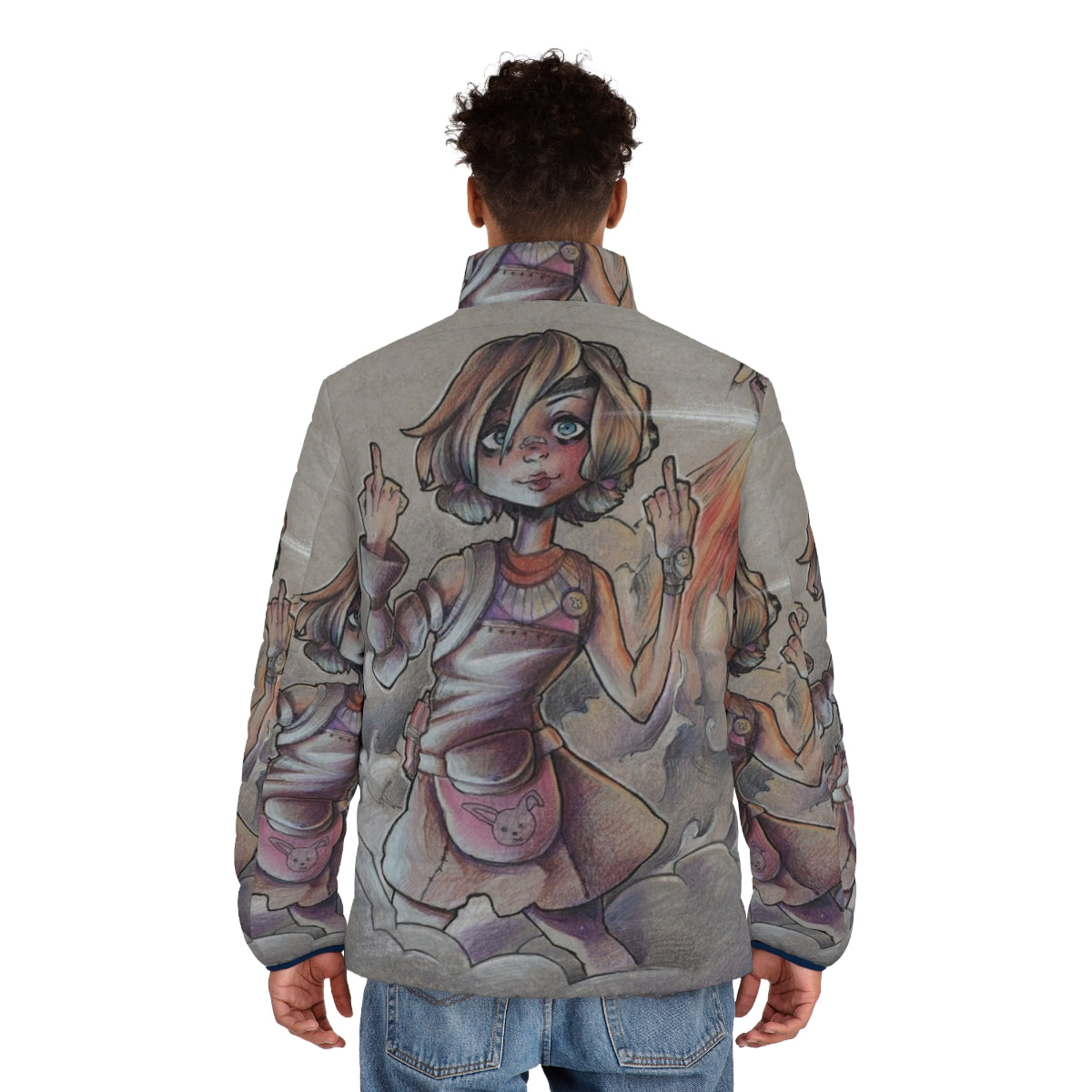 Borderlands Tiny Tina inspired puffer jacket featuring game's iconic character and design - men back