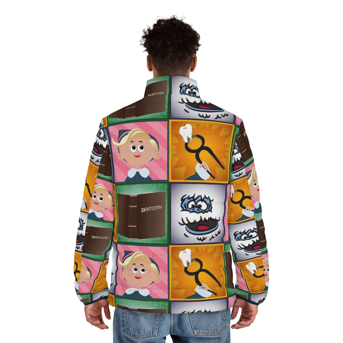 Hermey Squares Puffer Jacket with a festive holiday design - men back