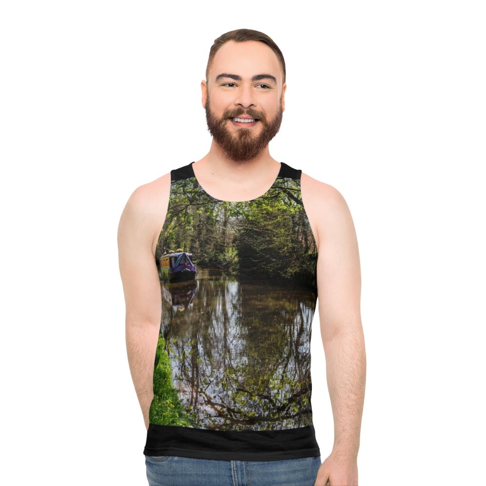 Unisex tank top with a peaceful canal barge scene - men