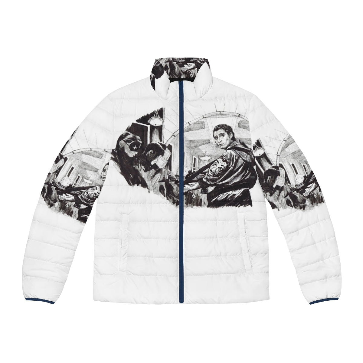 Money Heist Puffer Jacket featuring the iconic characters and imagery from the Netflix series