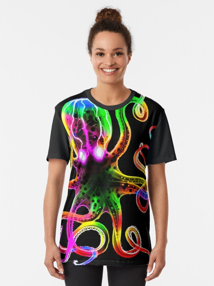 Vibrant rainbow octopus graphic on a glow-in-the-dark t-shirt design - Women