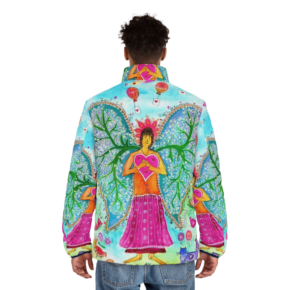 An angel-themed puffer jacket with a design featuring lungs, wings, and nature elements. - men back