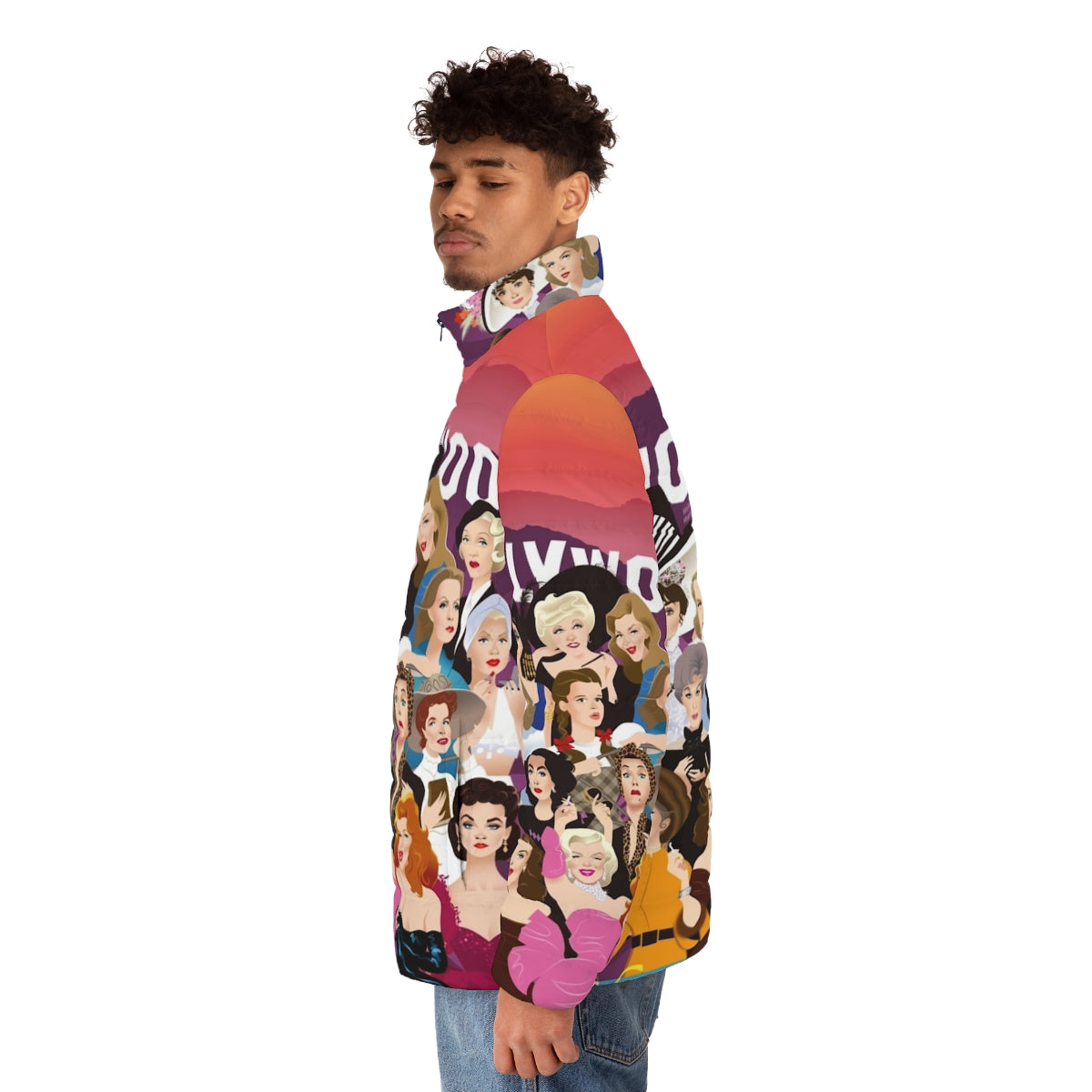 Luxurious puffer jacket with Alejandro Mogollo's Hollywood-inspired art - men side left