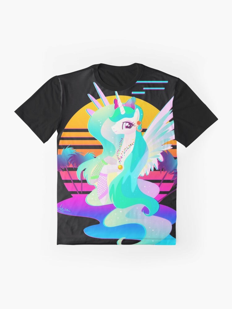 Synthwave Princess Celestia graphic tee featuring a neon, retro-inspired design with the My Little Pony character. - Flat lay