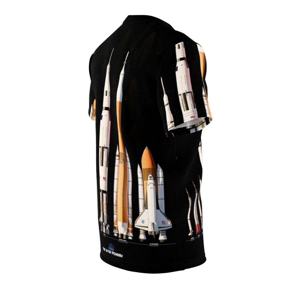 Black t-shirt with a graphic design featuring various NASA rockets and spacecraft on a dark background - men right