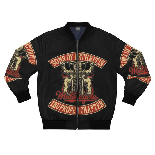 Vintage-inspired bomber jacket with "Sons of Arthritis Ibuprofen Chapter" design for motorcycle enthusiasts and bikers.