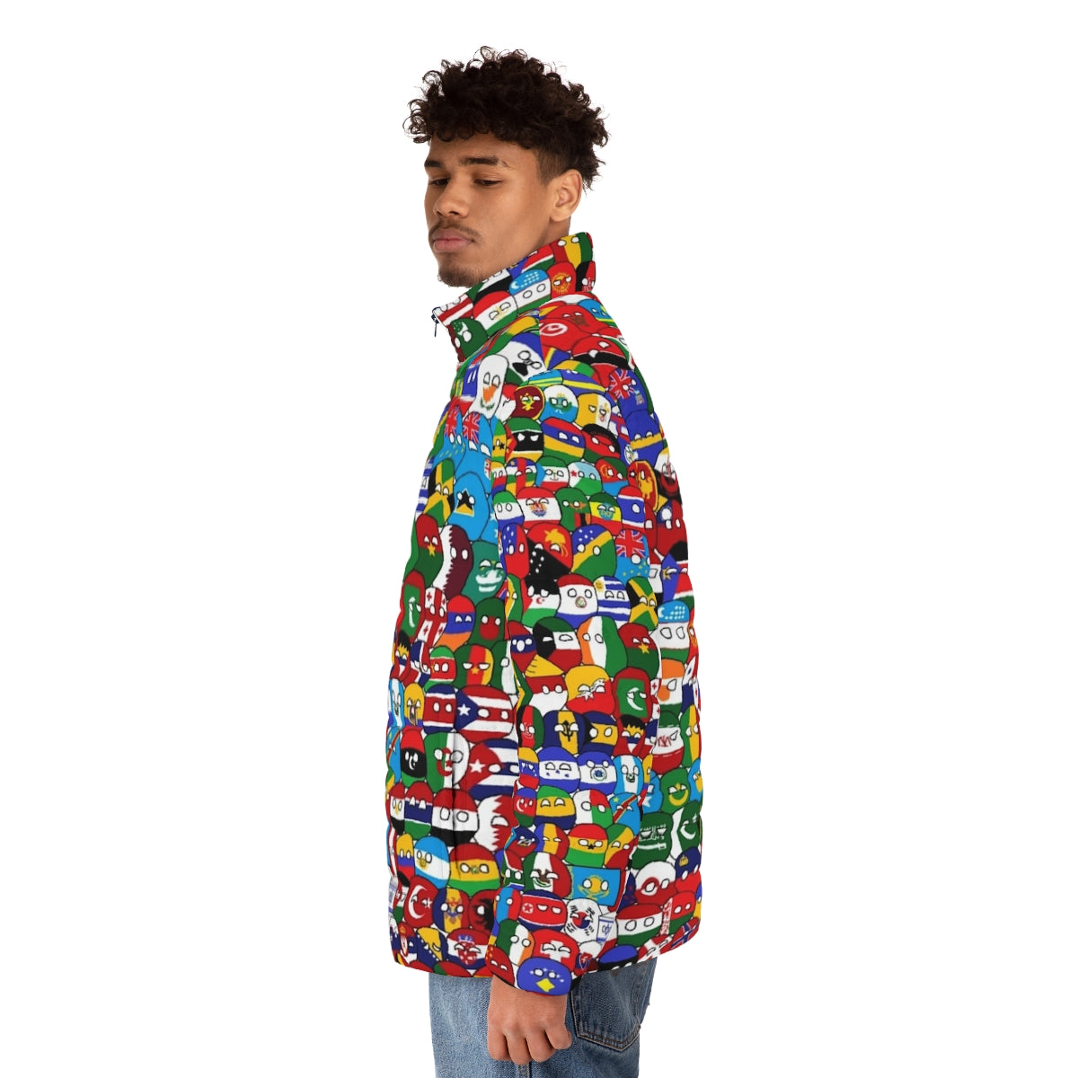 Puffer jacket with colorful countryball designs representing the globe and world countries - men side left