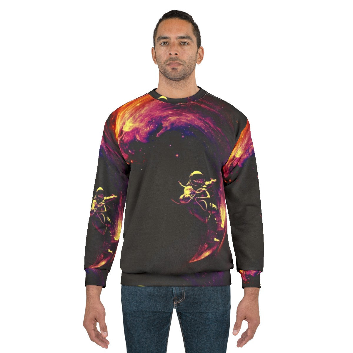 Cosmic Surfing Space Sweatshirt with Intergalactic Design - men