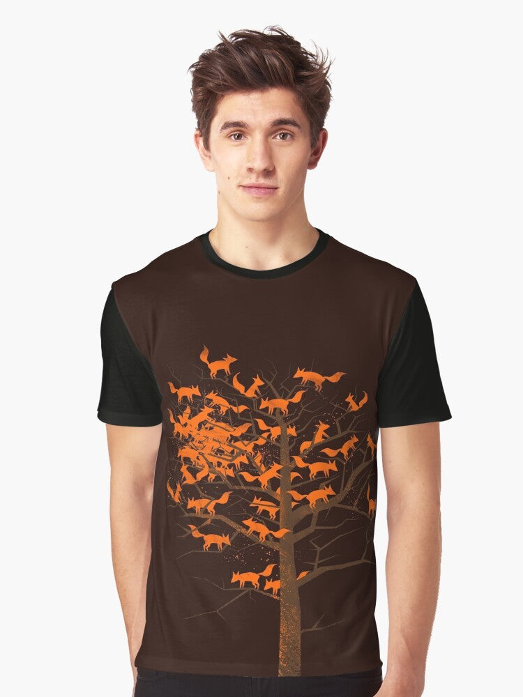 A vibrant graphic t-shirt featuring a mystical fox amidst a blazing tree, evoking the beauty of autumn nature. - Men