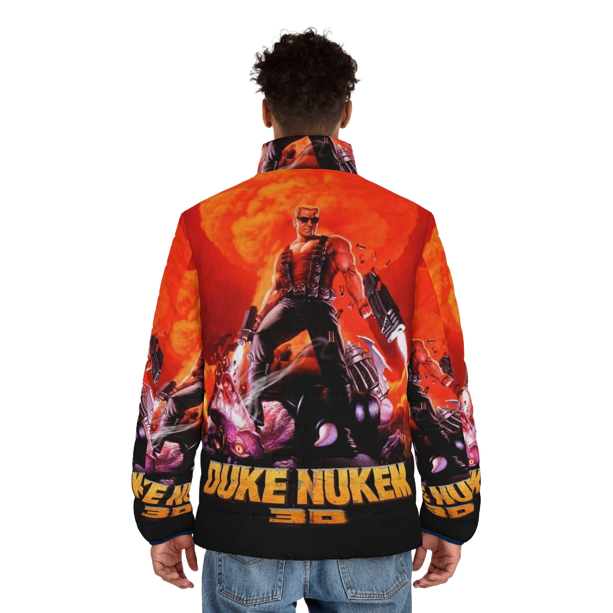 Duke Nukem 3D retro game print puffer jacket with high contrast graphics - men back