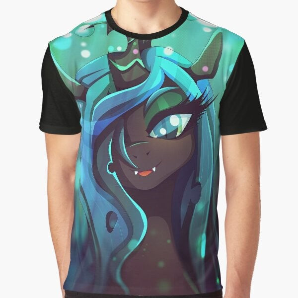 Queen Chrysalis, the changeling from My Little Pony, featured on a graphic t-shirt