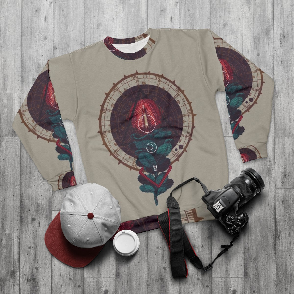 Mystical Birth Sweatshirt with Occult Sacred Geometry Design - flat lay