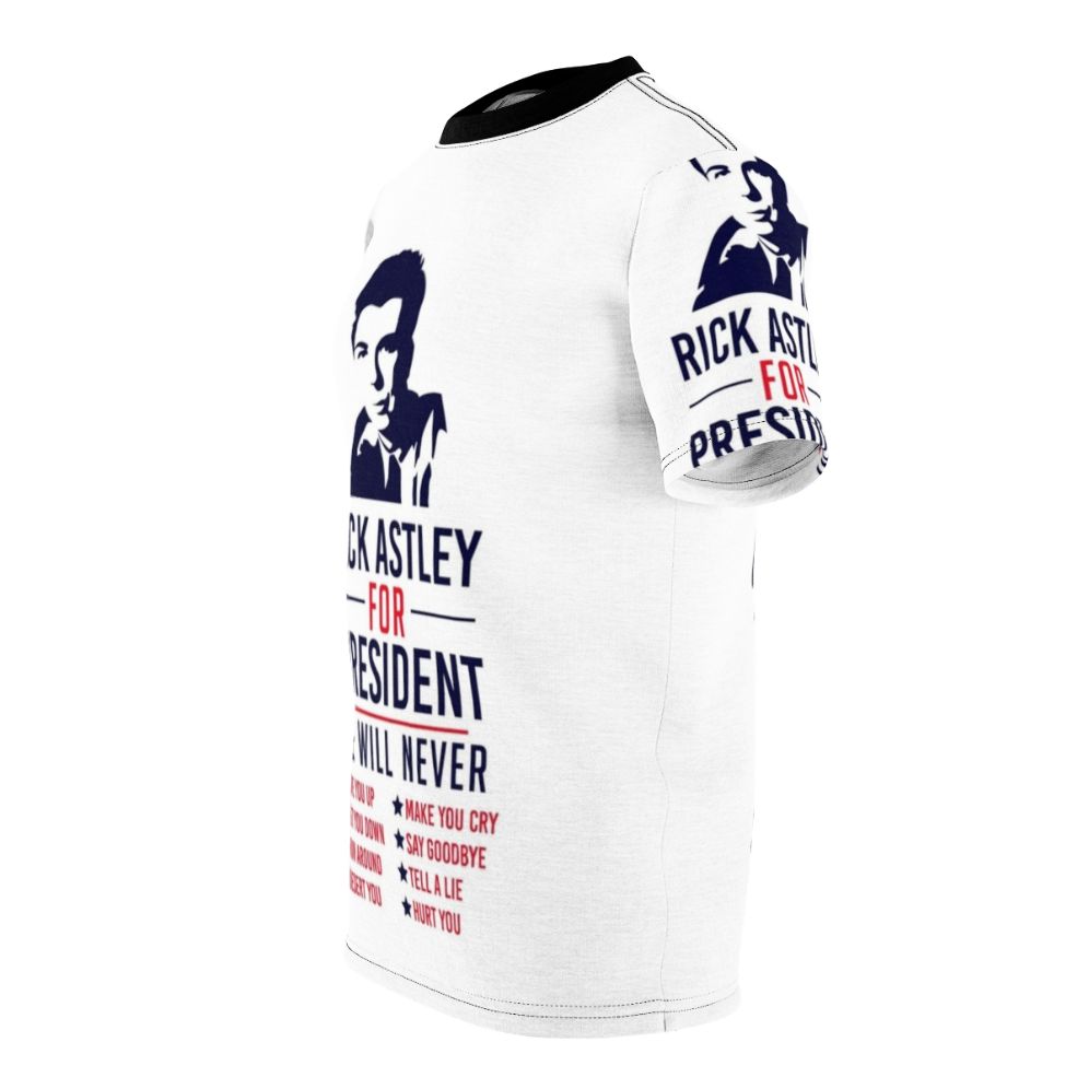 Humorous t-shirt design featuring an image of Rick Astley with the text "Rick Astley for President" - men left