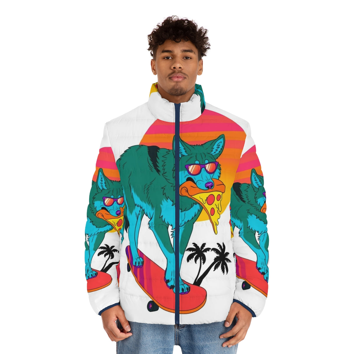 80s coyote puffer jacket with retro synthwave design - men front