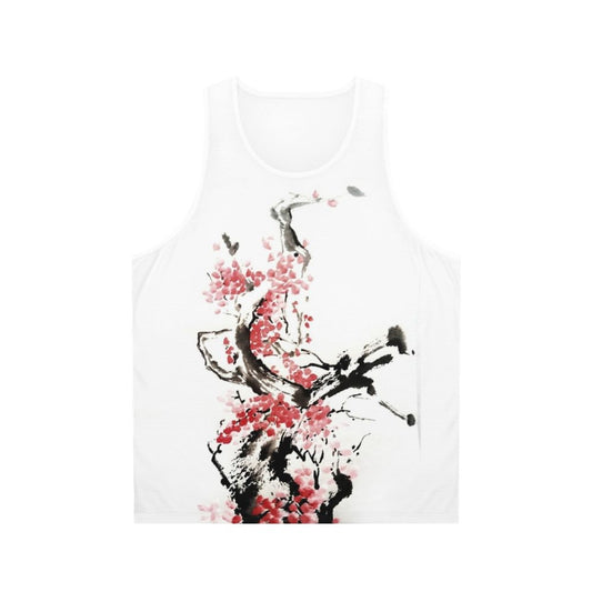 Japanese watercolor painting of cherry blossoms on unisex tank top