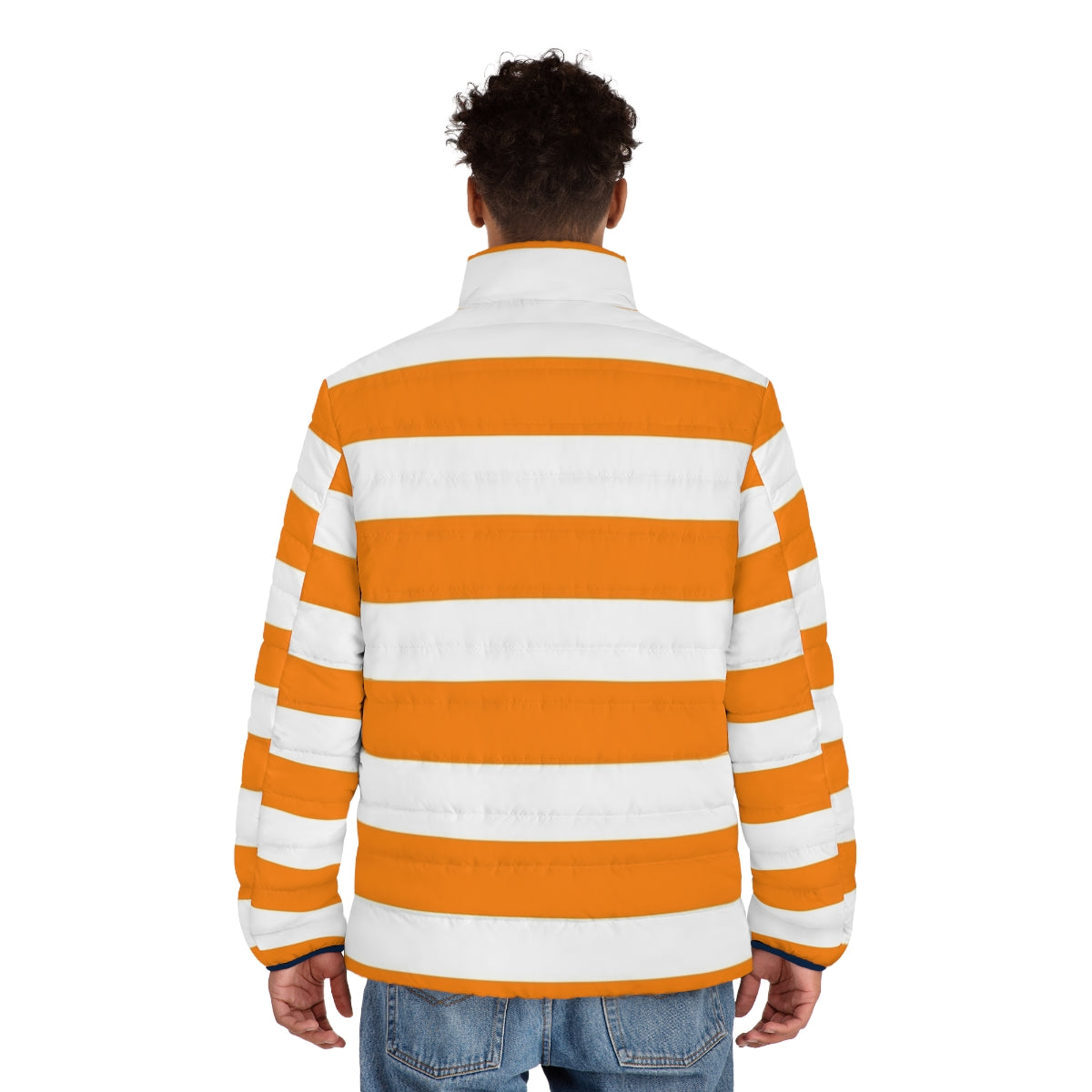 Orange and white striped puffer jacket with a bright, horizontal pattern - men back