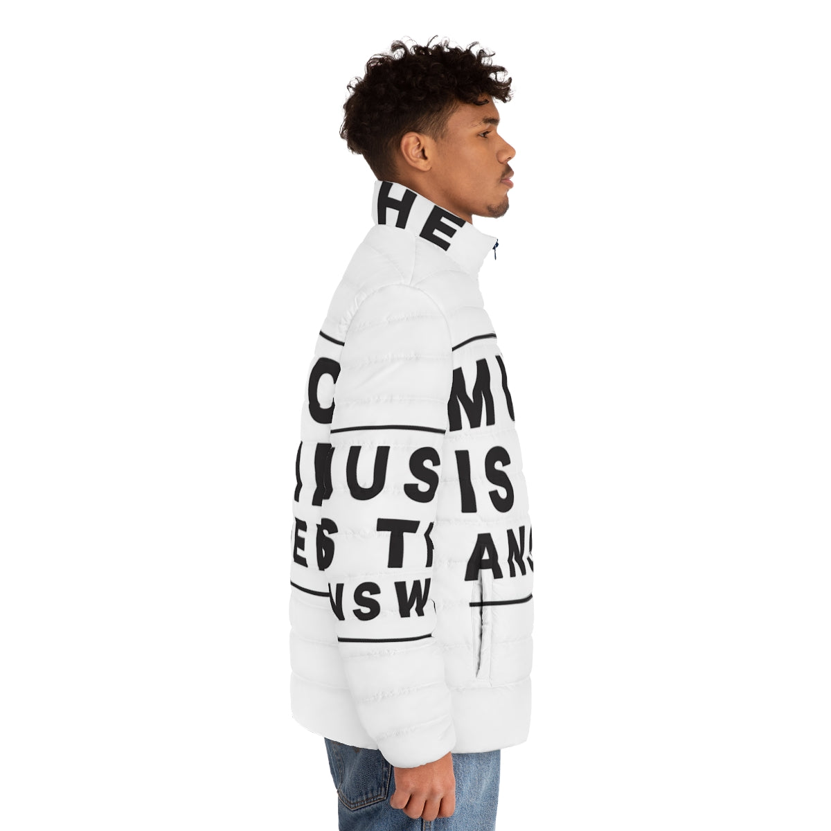 Music Is The Answer Puffer Jacket featuring a motivational quote and house music inspired design - men side right