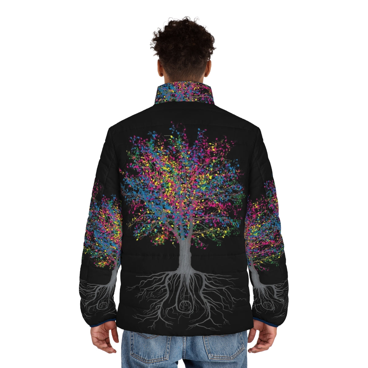 Colorful puffer jacket with nature and musical motifs - men back