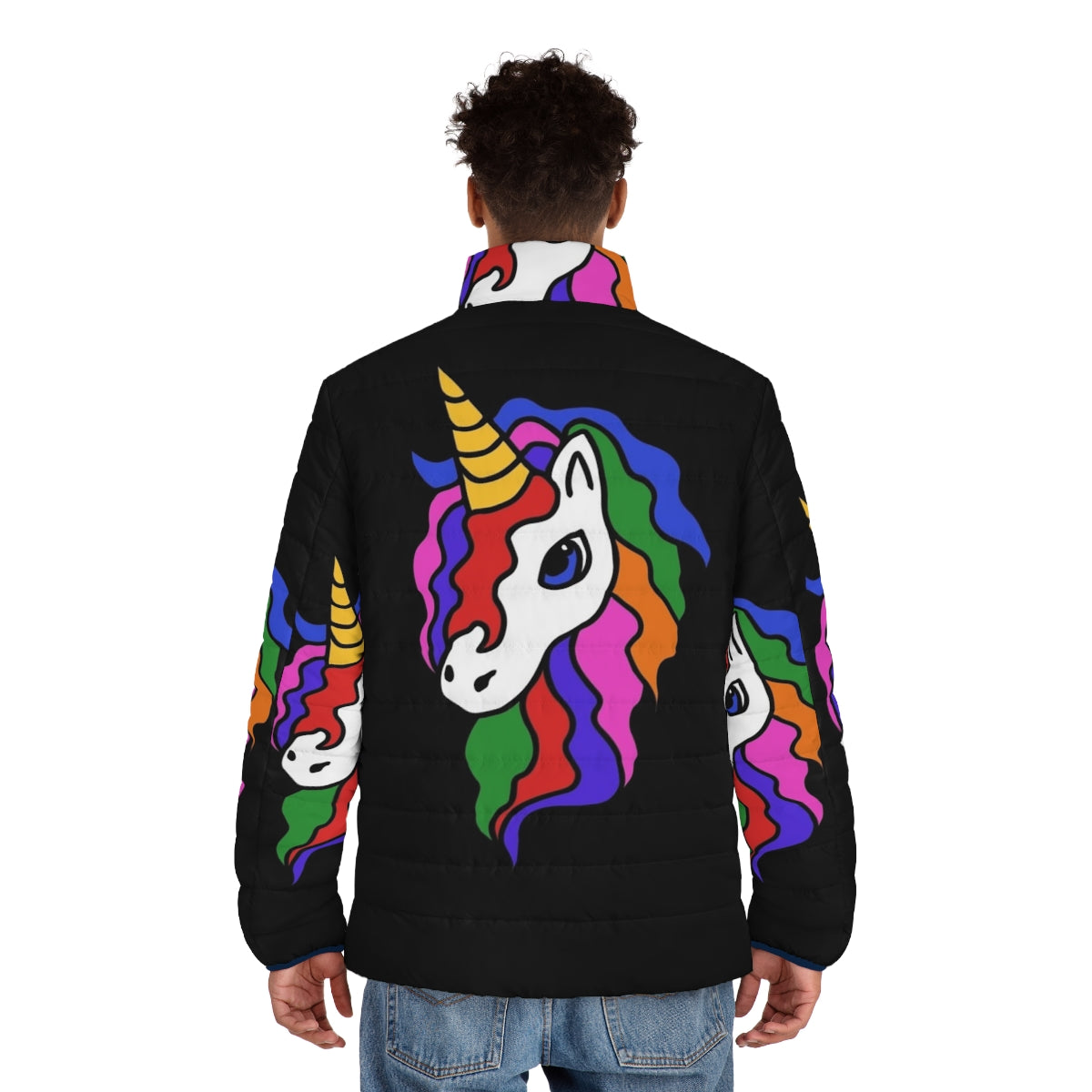 Colorful rainbow unicorn puffer jacket with a playful and whimsical design - men back