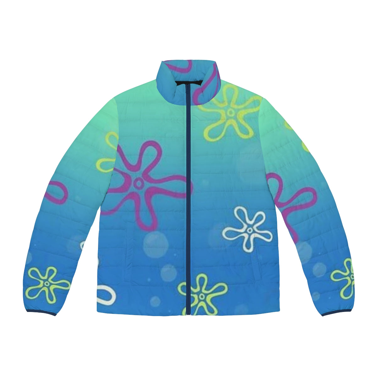 Spongebob Bikini Bottom themed puffer jacket with tapestry design