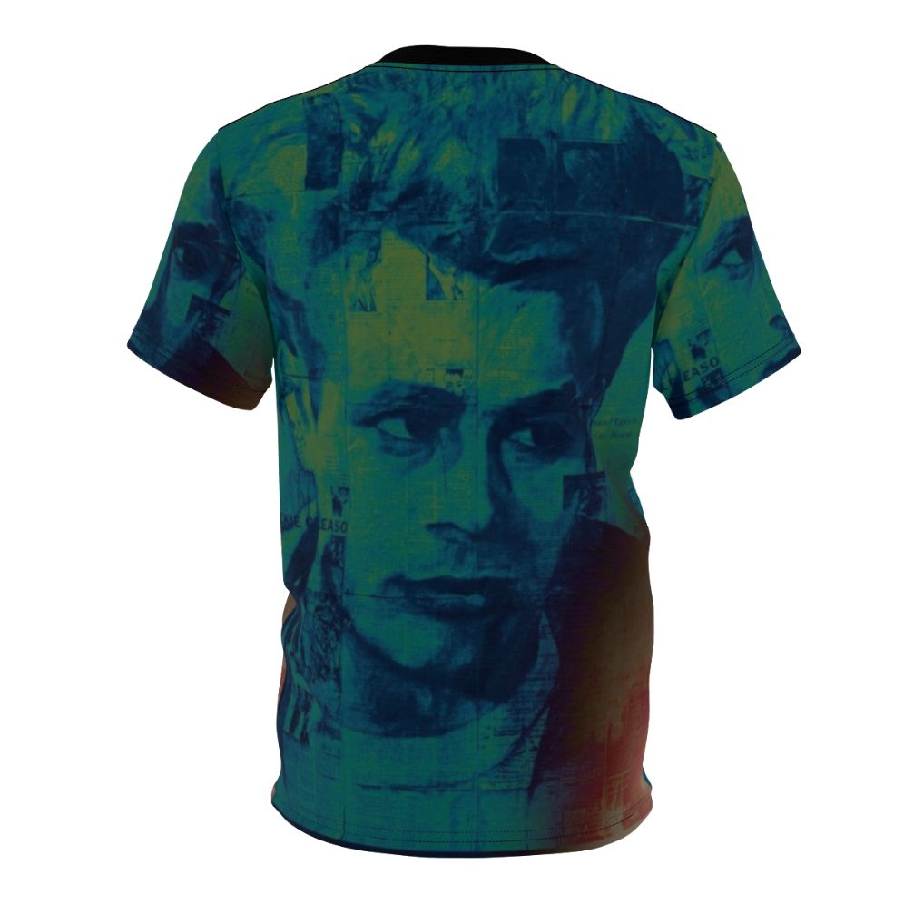 Graphic t-shirt featuring a portrait of classic American actor James Dean in his iconic rebel without a cause role. - Back