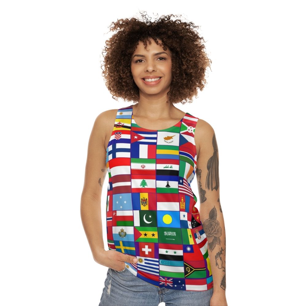 Unisex tank top with vibrant world flags design - women