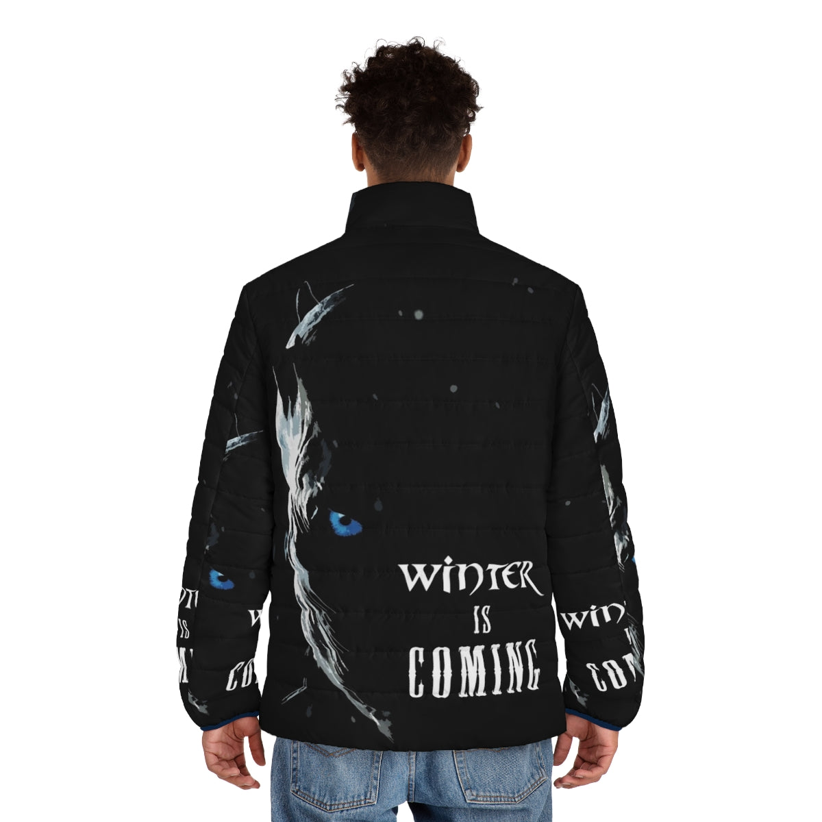 A warm and cozy puffer jacket with a "Winter Is Coming" design - men back