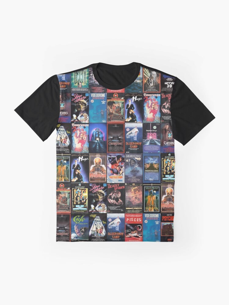 Retro horror movie VHS artwork from the 1980s printed on a graphic t-shirt - Flat lay