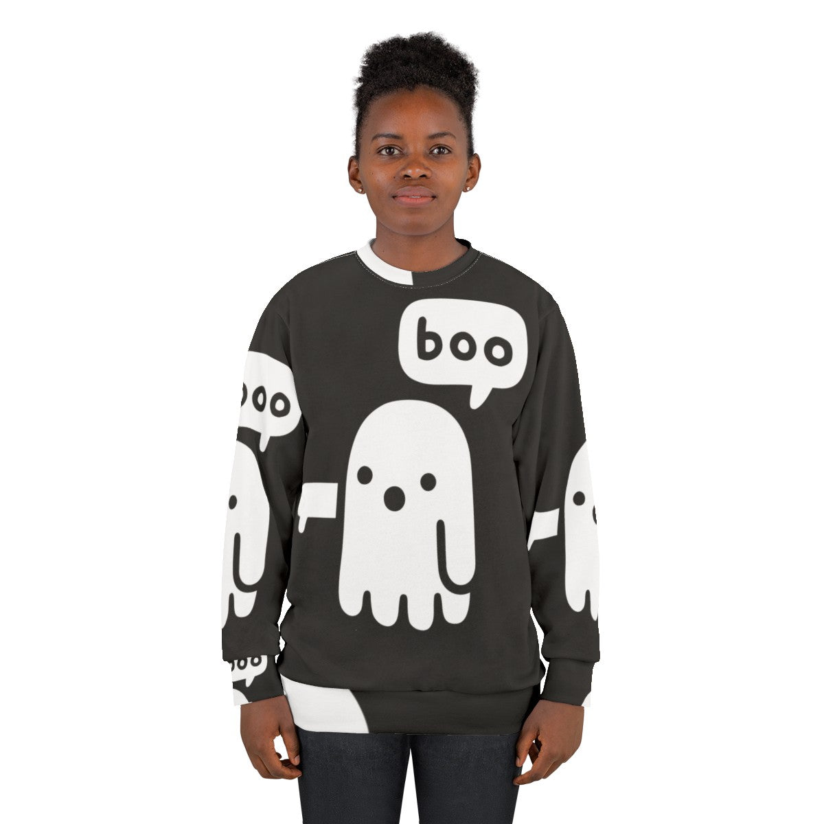 Spooky ghost graphic on a black sweatshirt - women