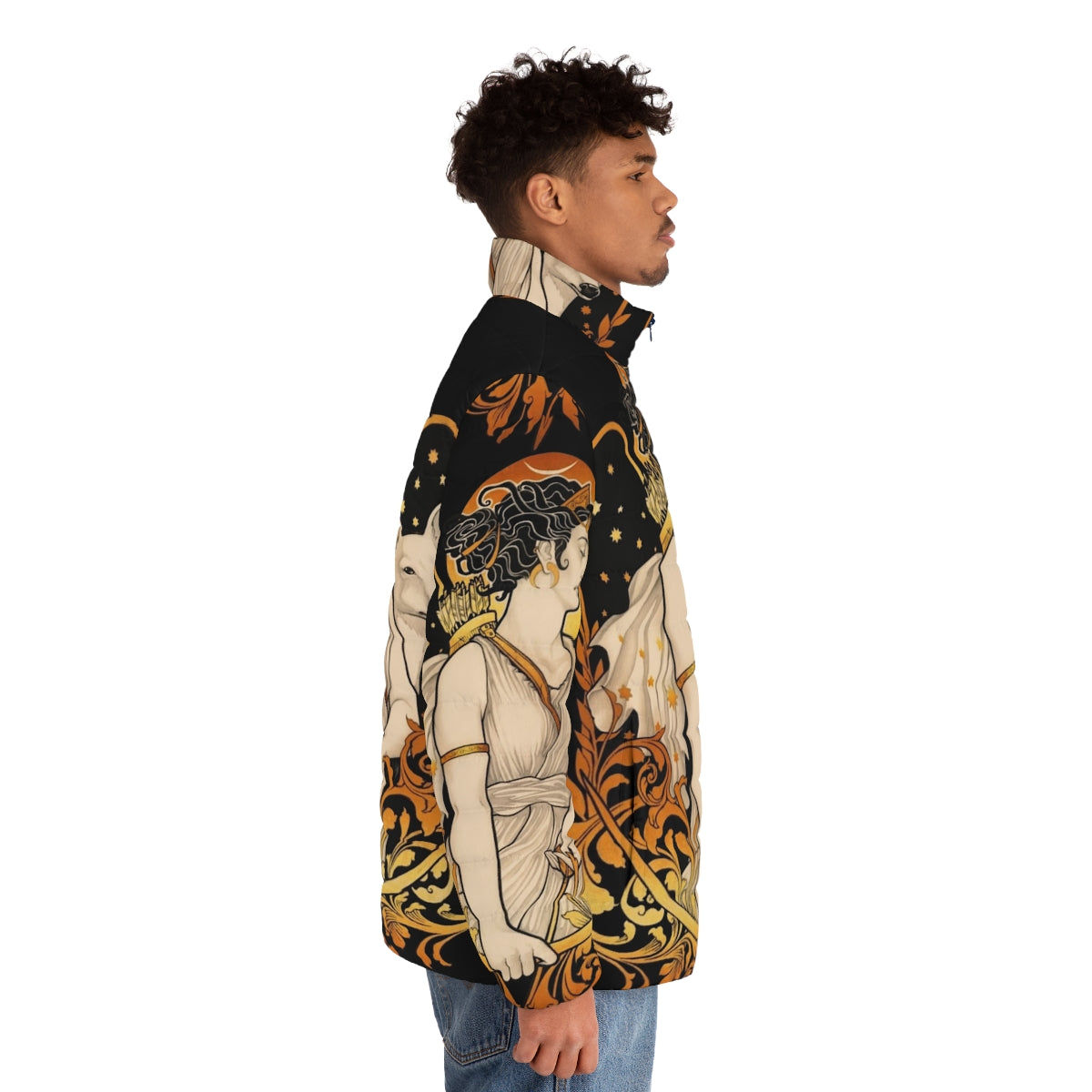 Artemis Puffer Jacket - Featuring a design inspired by the Greek goddess Artemis, this jacket celebrates the power and beauty of women. - men side right