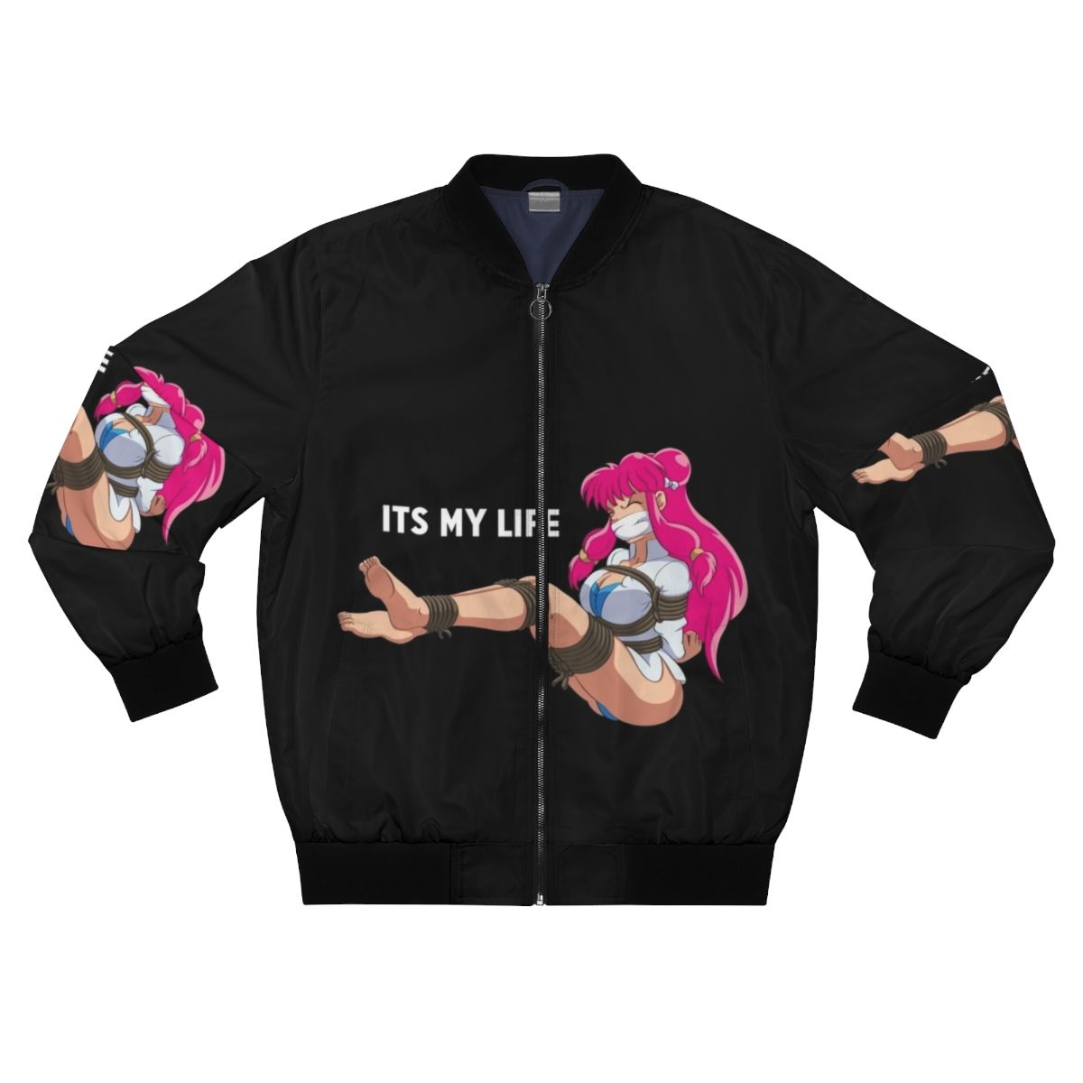 Fashionable bomber jacket with BDSM and manga inspired design