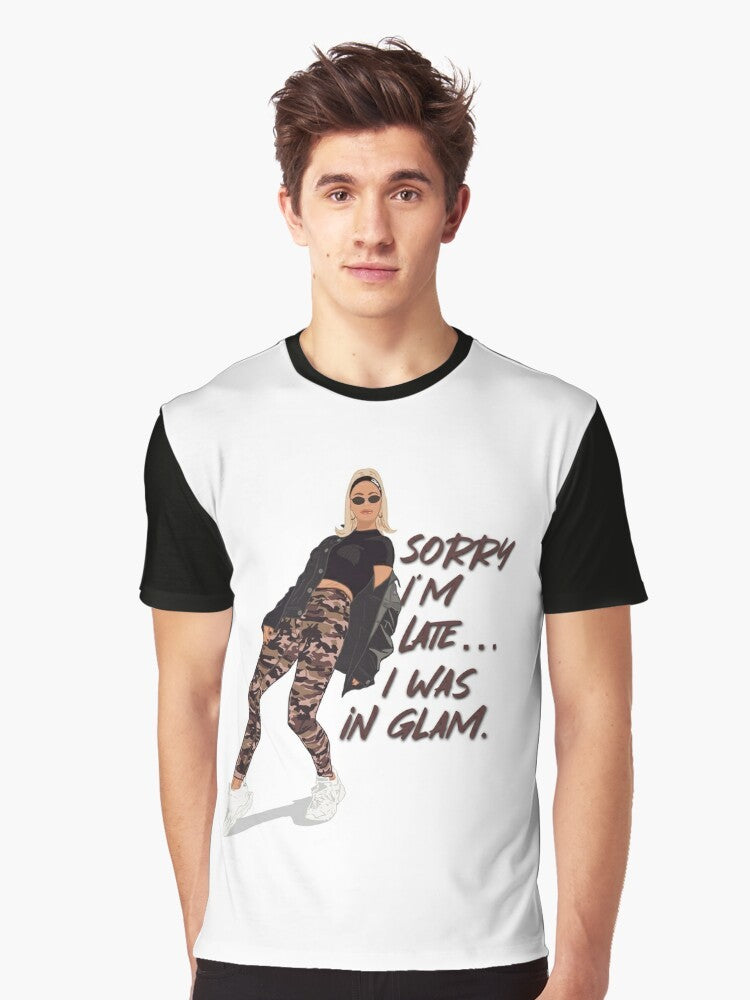 Dorit Kemsley "Sorry I'm Late I Was In Glam" graphic t-shirt, featuring a design for fans of the Real Housewives of Beverly Hills TV show. - Men