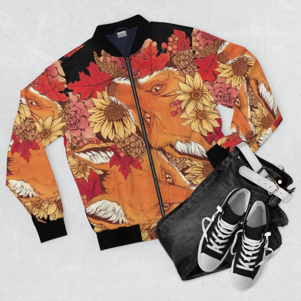 Autumn Fox Bloom Bomber Jacket with sunflowers and pinecones - Flat lay